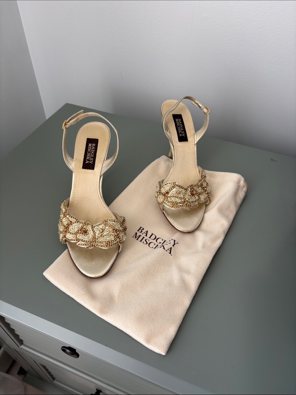 Badgley Mischka Gold Beaded Open-Toe Slingback Heels